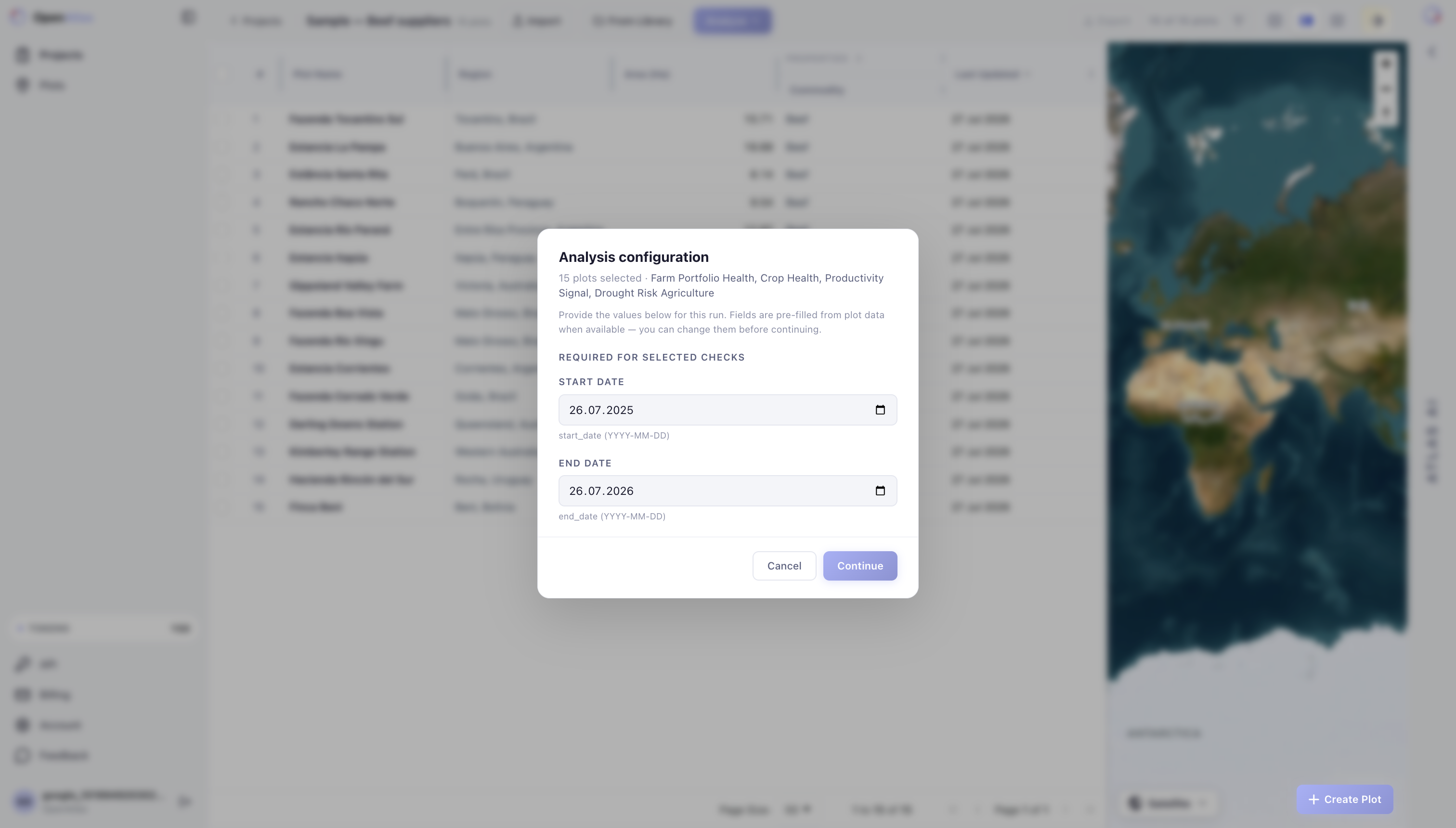 Analysis configuration modal with date range fields