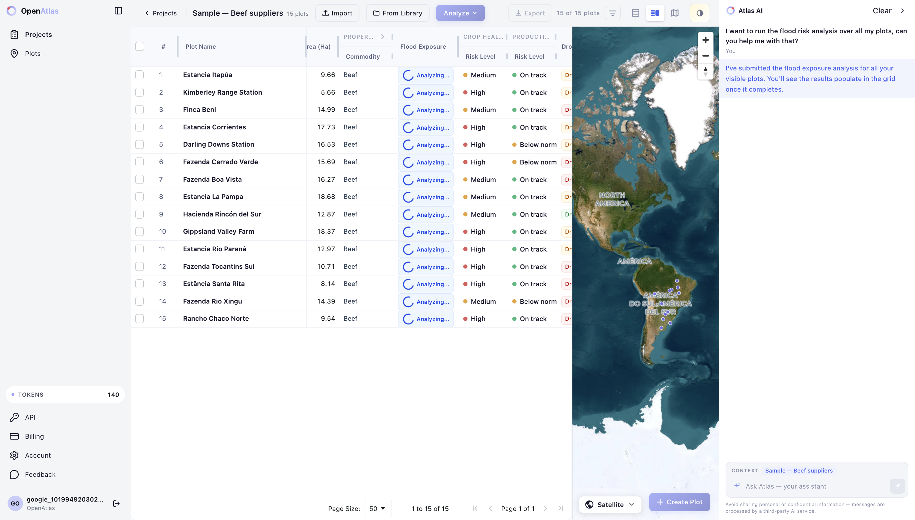 Atlas AI assistant panel with flood exposure analysis running