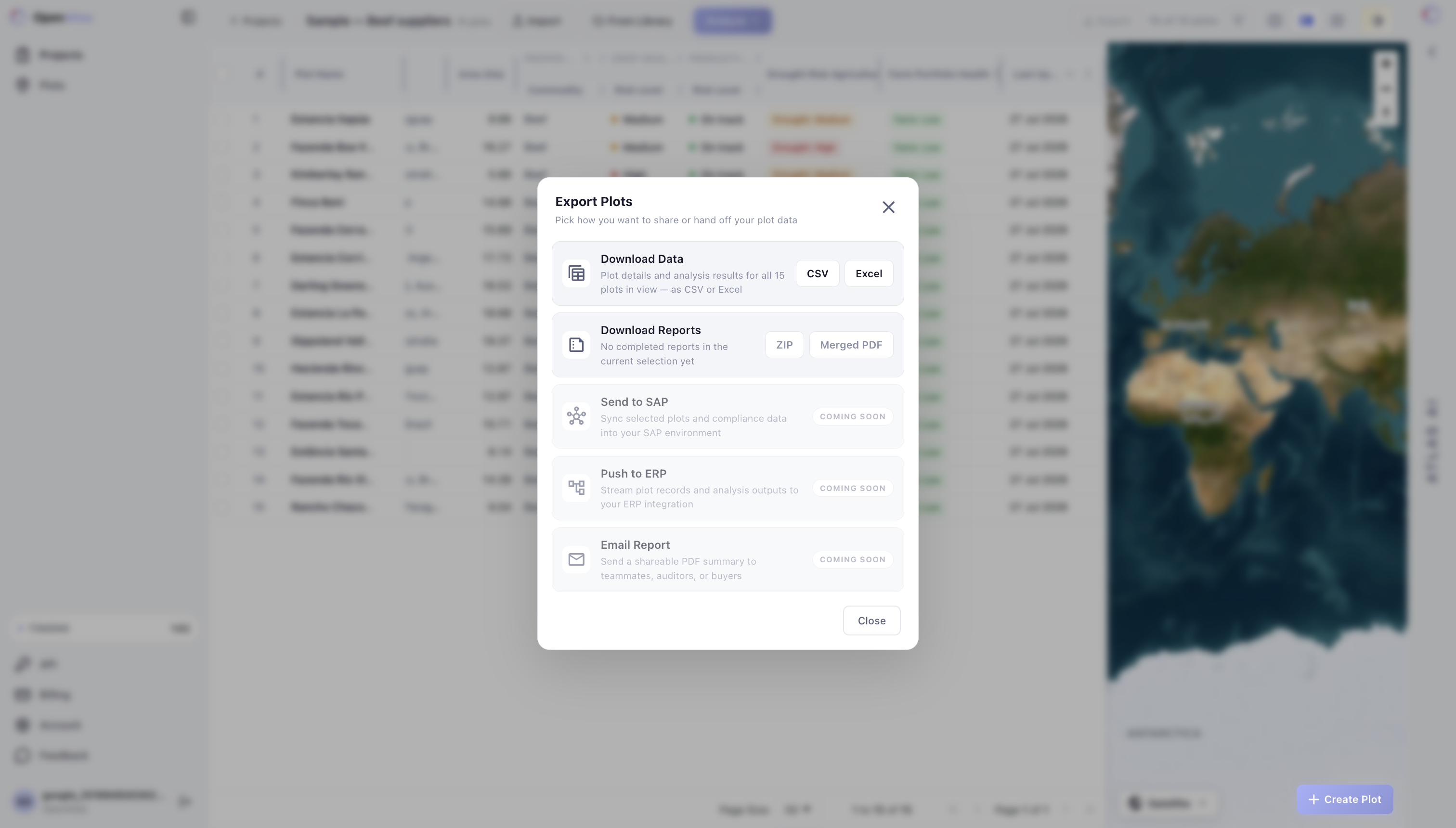 Export plots modal with CSV and Excel actions