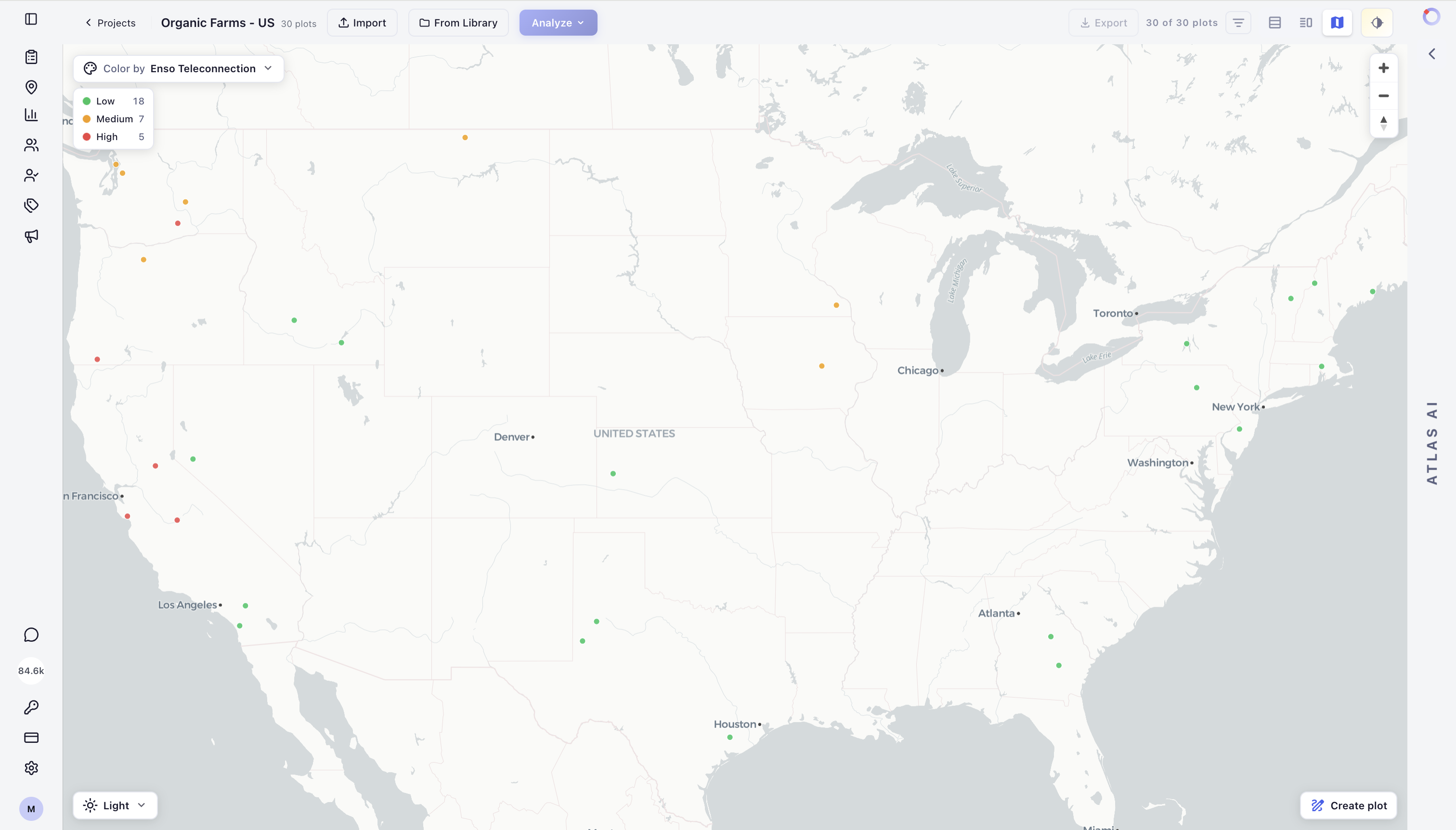 Map legend showing plots colored by analysis result