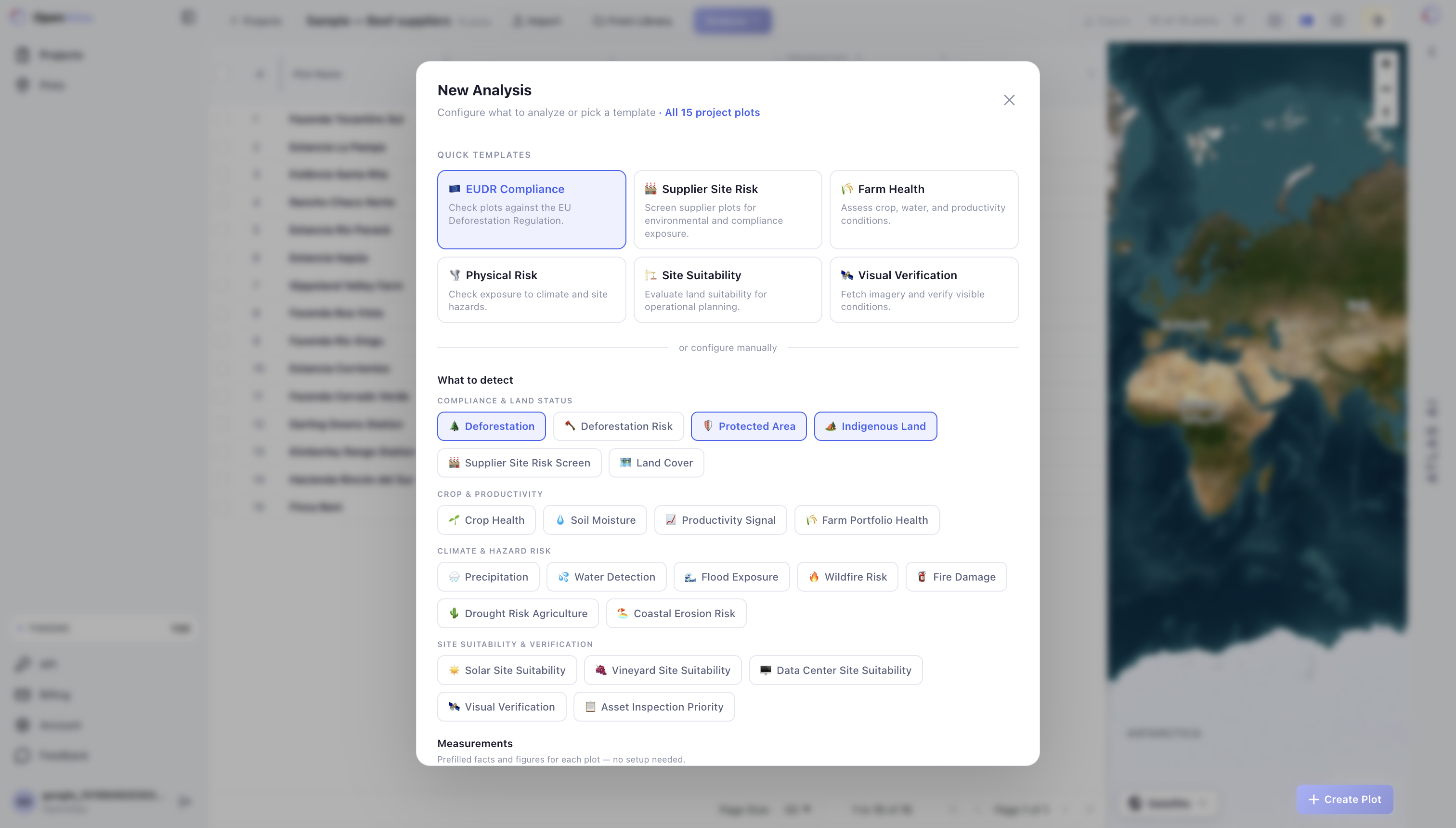 New analysis modal with EUDR compliance checks selected