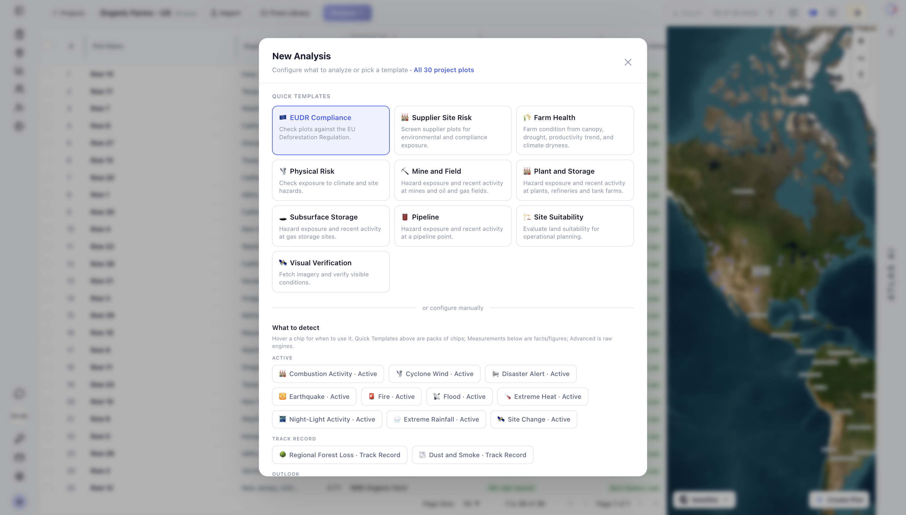 New analysis modal with the EUDR Compliance template selected