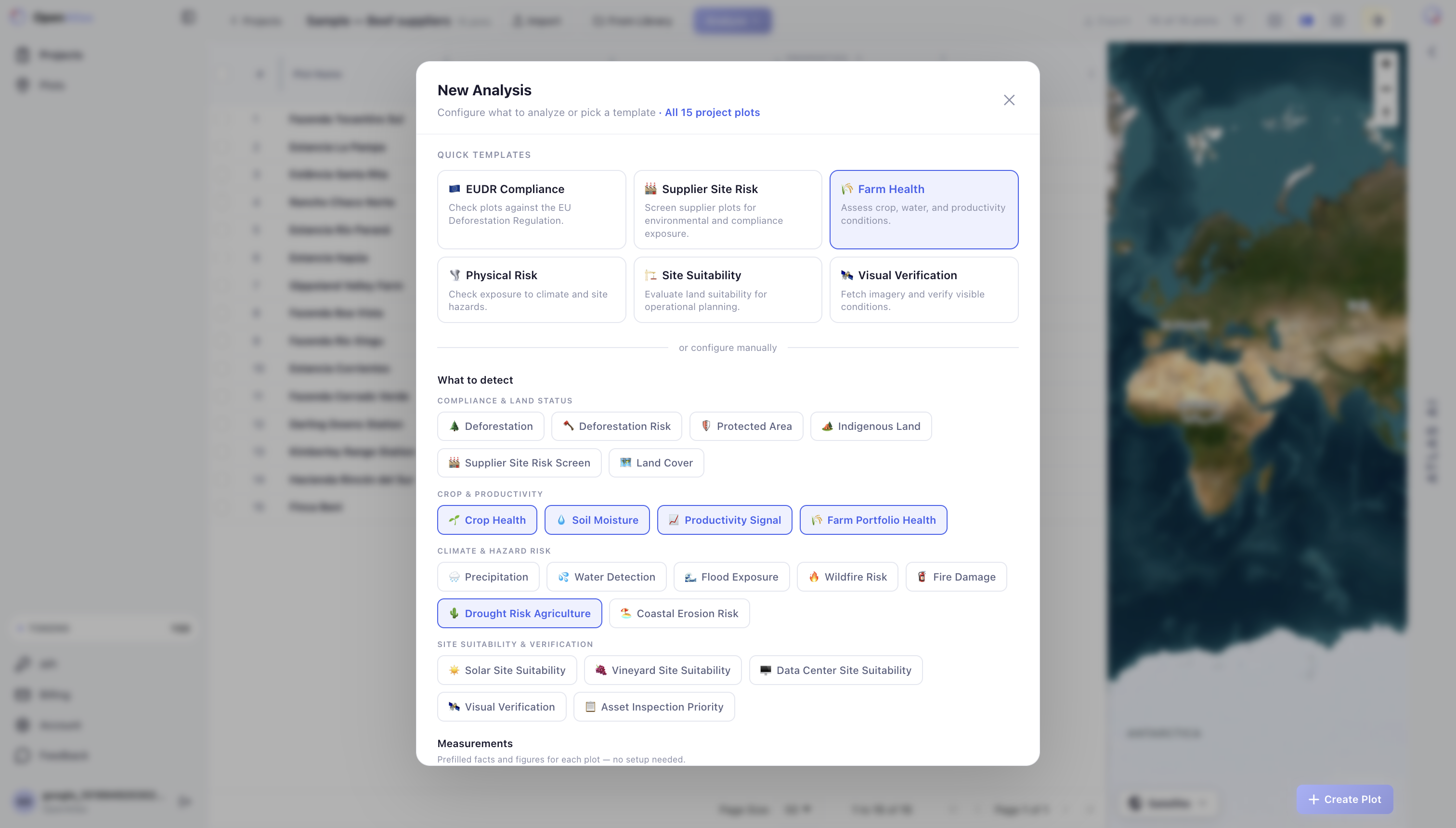 New analysis modal with farm health checks selected