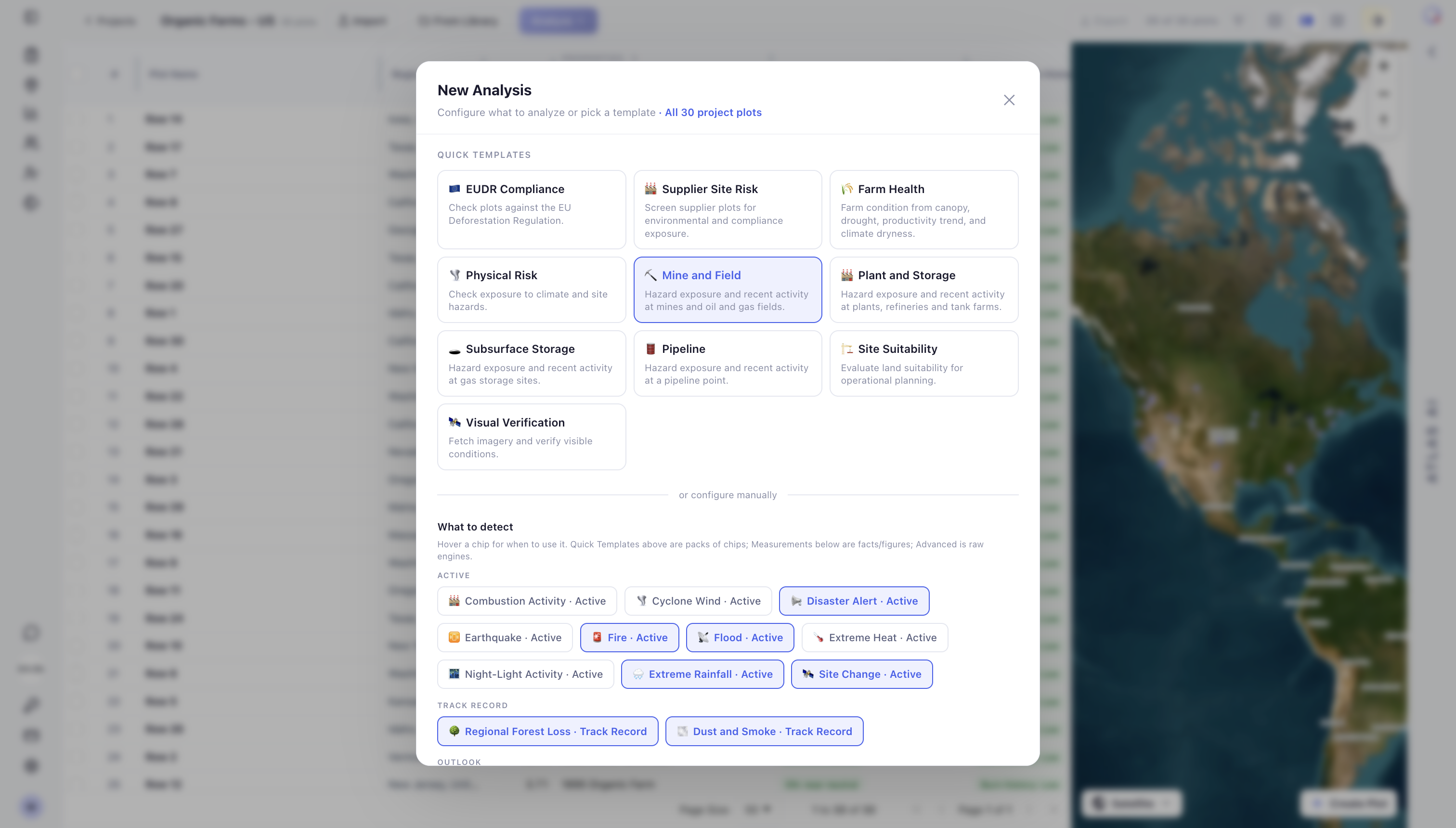 New analysis modal showing quick templates and the expanded signal catalogue